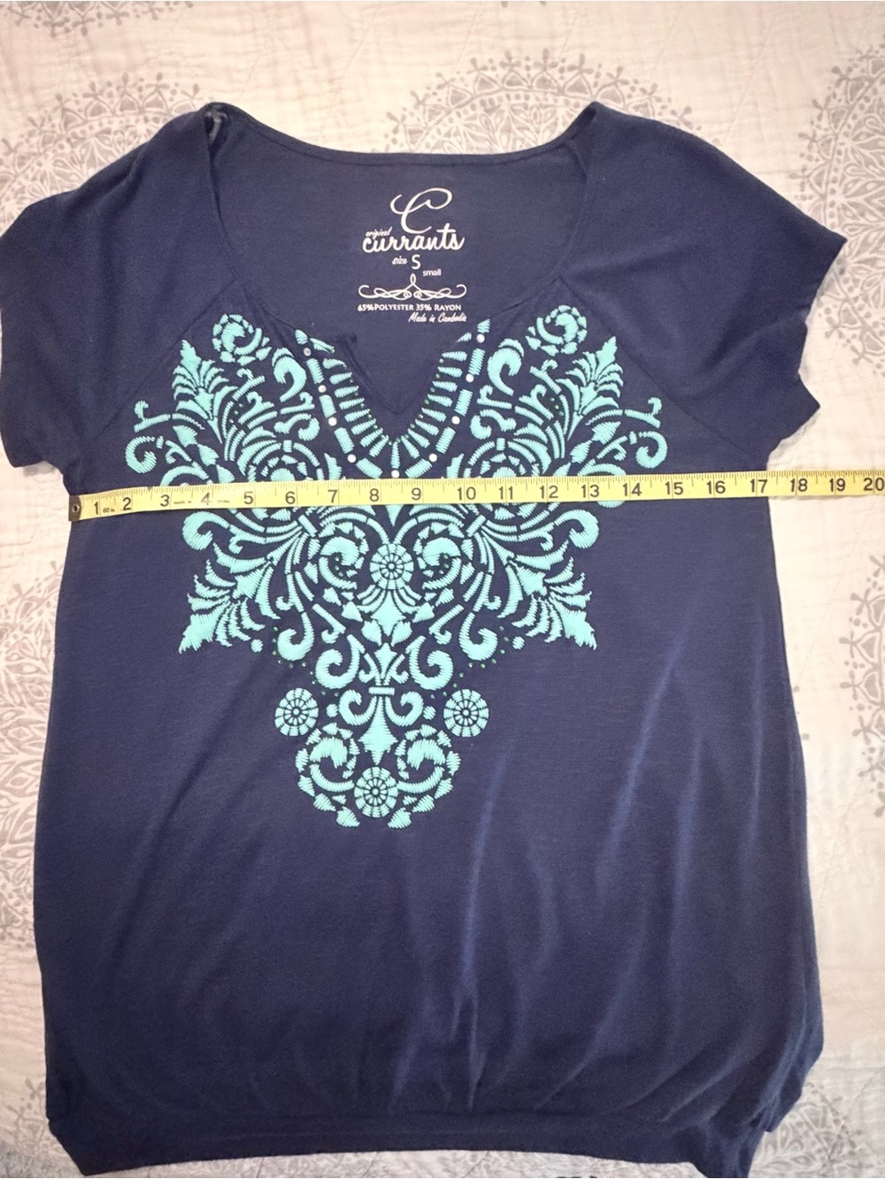 Navy V-Neck Top with Aqua Floral Medallion